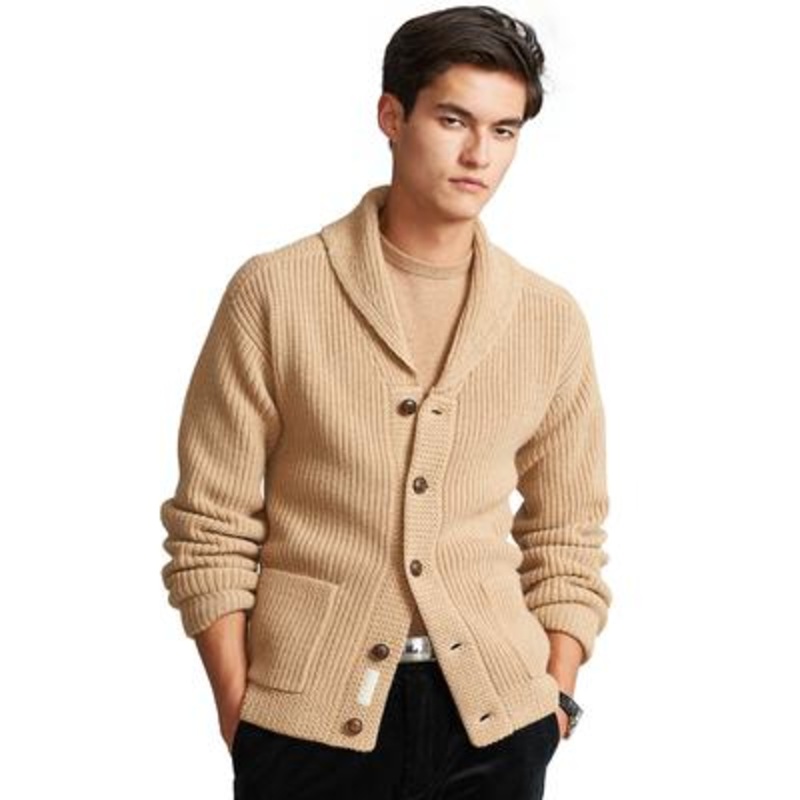 Polo Ralph Lauren Mens Wool-Cashmere Shawl Cardigan Sweater Camel Brown Medium
