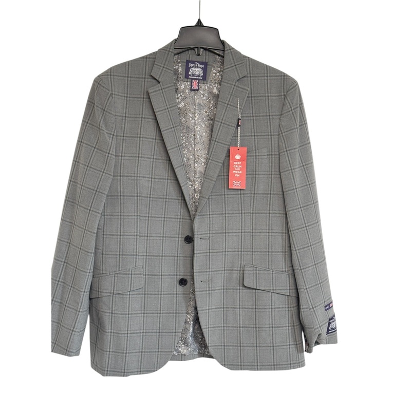 Saville Row Mens Slim fit 2 Piece Suit 40 R / 34 x 32 Grey Plaid Stretch