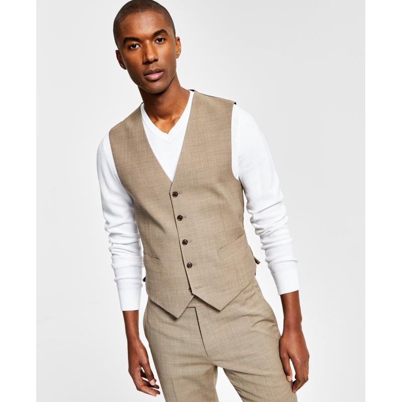 Tommy Hilfiger Mens Modern fit Button-Up Vest Large Beige Stretch