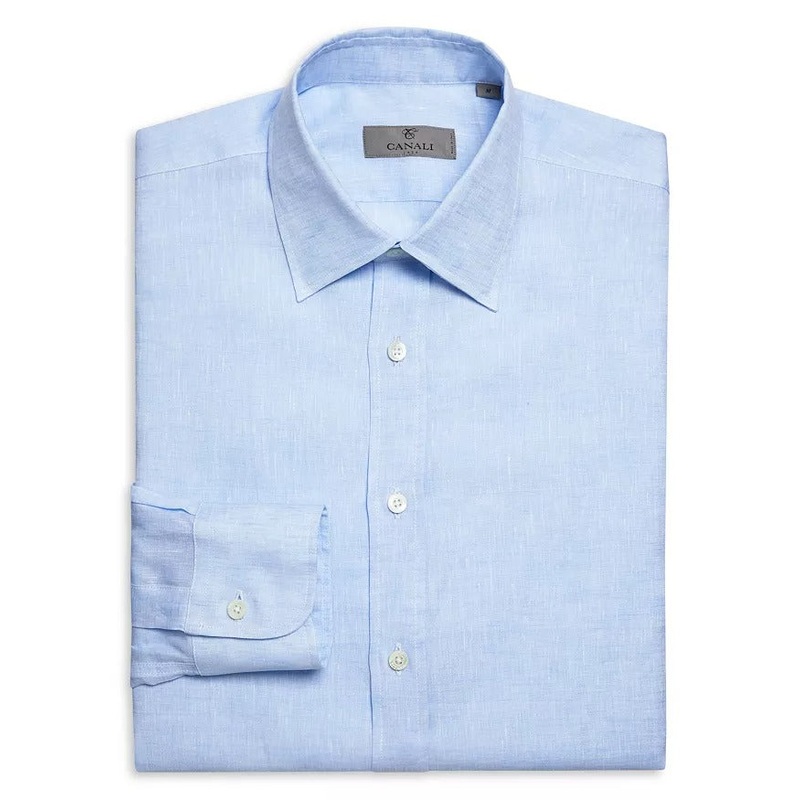 Canali Mens Modern Fit Linen Button Down Shirt Small Light Blue