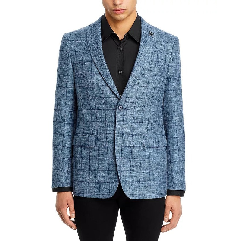 John Varvatos Star USA Mens Windowpane Slim Fit Sport Coat 44R Blue Plaid