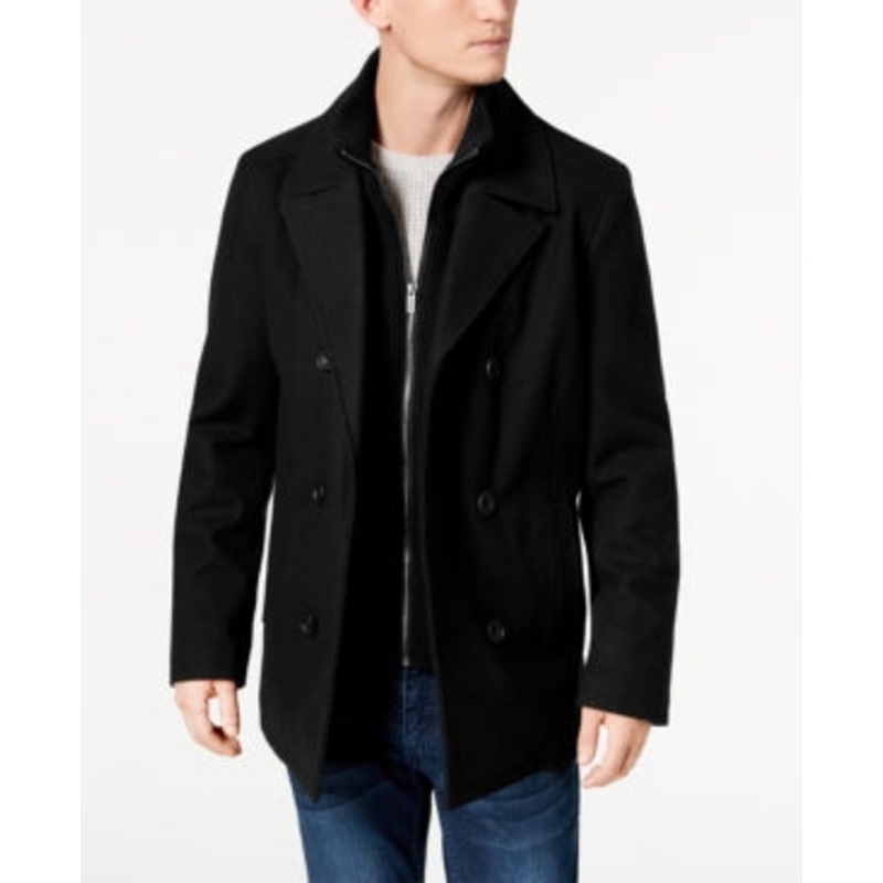 Kenneth Cole Mens Regular Fit Double Breasted Peacoat with Bib Black XXL