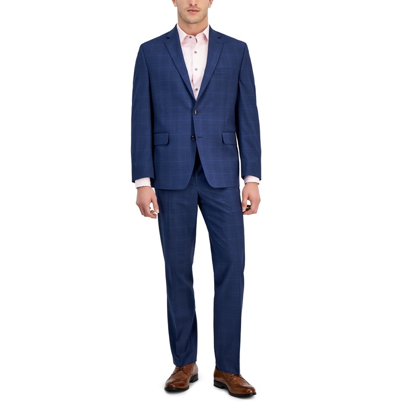 Perry Ellis Mens Slim fit 2 Piece Suit 38 R / 31 Waist Blue Plaid Stretch