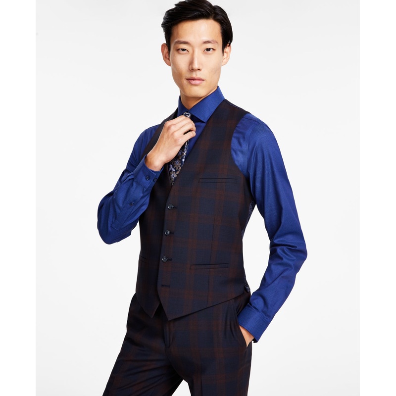 Bar Iii Mens Slim fit Button-Up Vest Medium Red Plaid