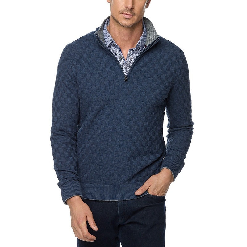 Robert Graham Gavino Cotton Check Quarter Zip Sweater Large Navy Blue