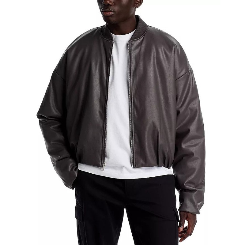 Stampd Mens Faux Leather Oversized Cropped Bomber Jacket Large Charcoal Grey