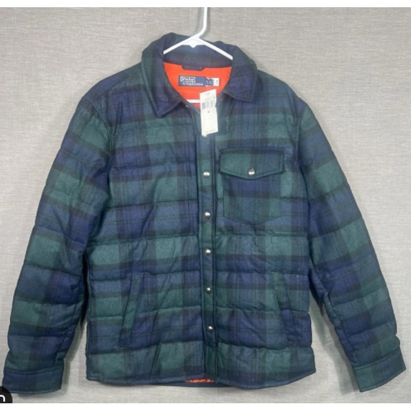 Polo Ralph Lauren Mens Coat Puffer Jacket Large Green Blue Tartan Plaid