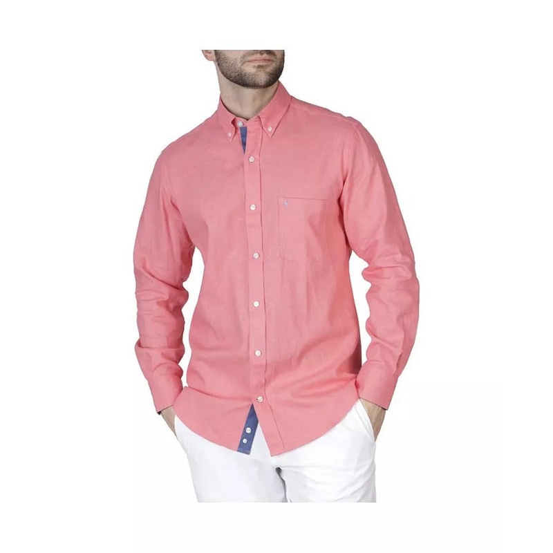 Tailorbyrd Men's Solid Linen Long Sleeve Shirt Size Large Coral Pink
