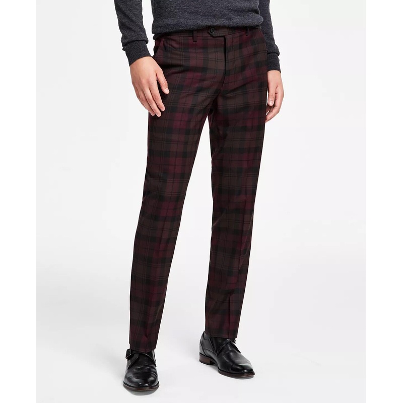 BAR III Men's Dress Pants 30 x 32 Slim-Fit Burgundy Plaid