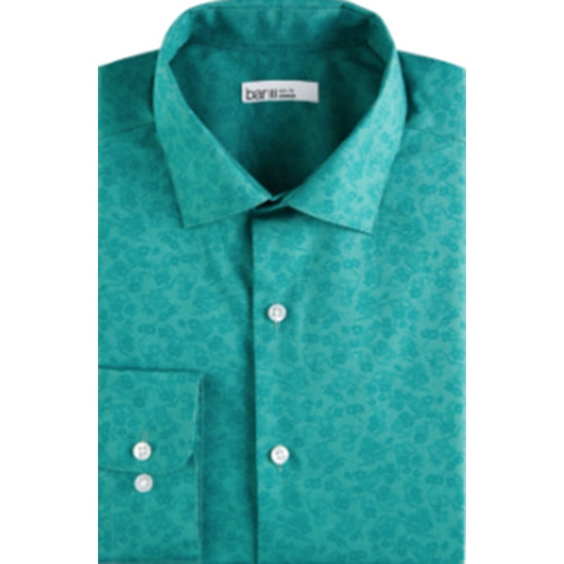 Bar III Mens Slim-Flit Floral Stretch Green Button Down Dress Shirt Small