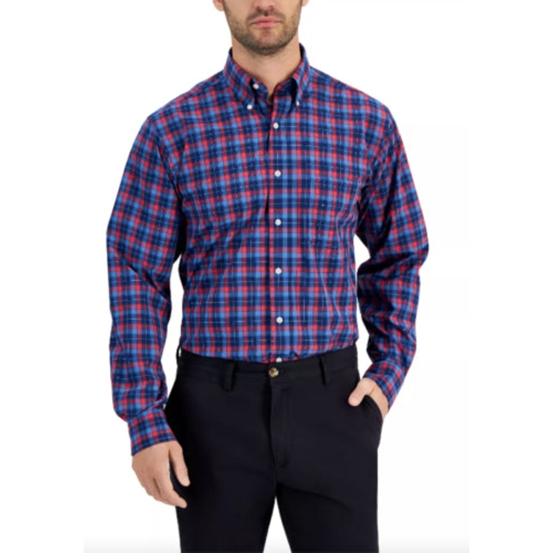 CLUB ROOM Men's Regular Fit Traveler Dress Shirt Navy Red 17.5
