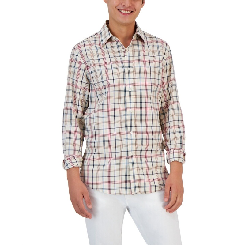 Club Room Mens Palermo Plaid Button Down Shirt Small White Red