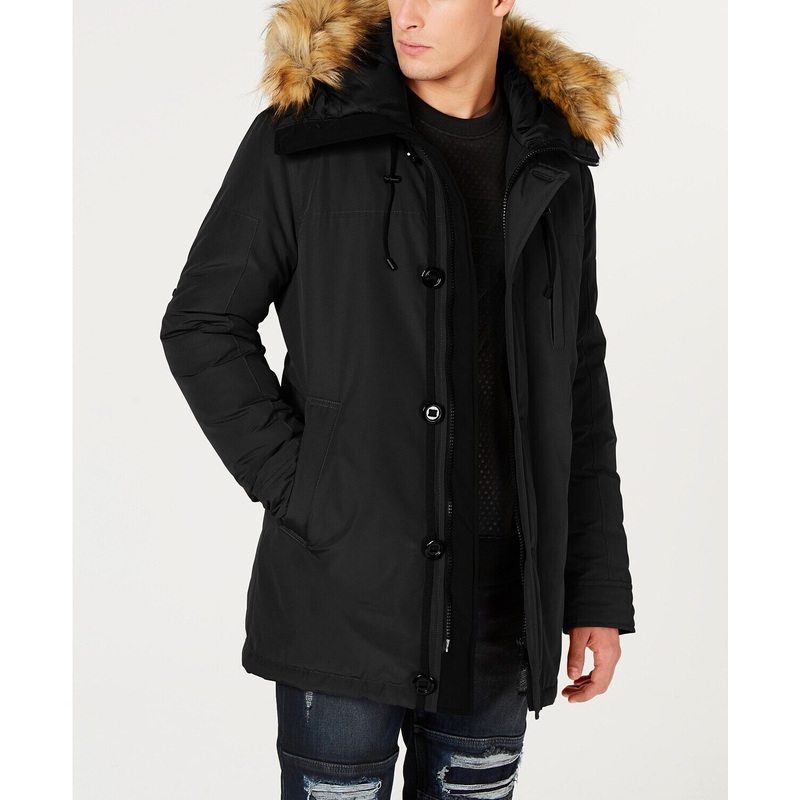 GUESS Men's Hooded Parka with Removable Faux-Fur Trim XL Black