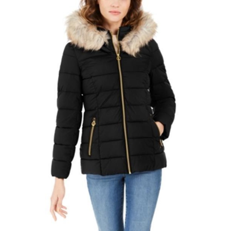 LAUNDRY BY SHELLI SEGAL Women's Faux-Fur Hooded Puffer Coat Medium Black