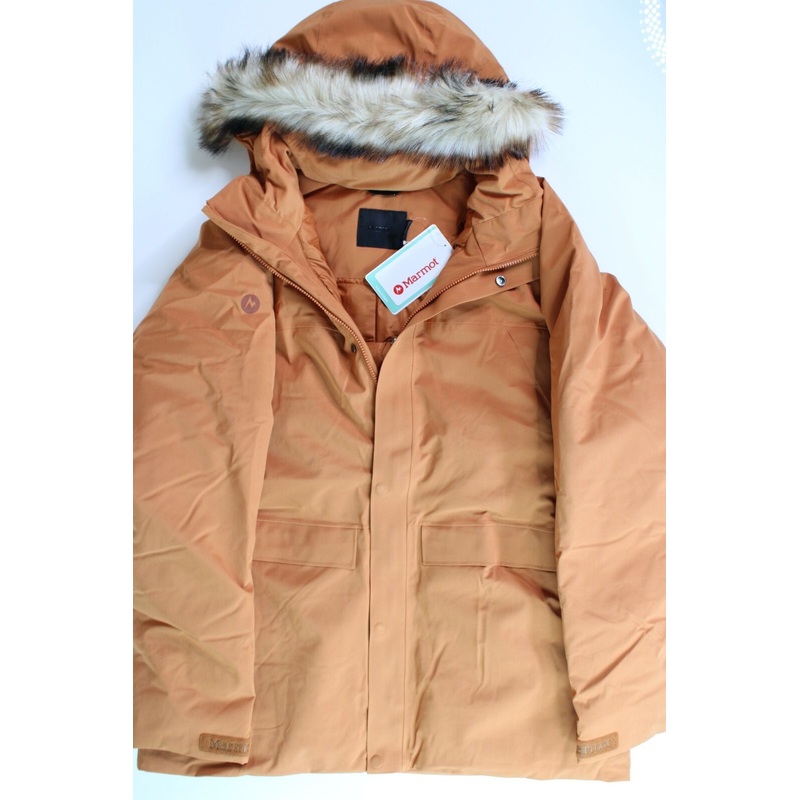 MARMOT Men's Yukon II Down Parka Coat Large Copper Orange Faux Fur Trim