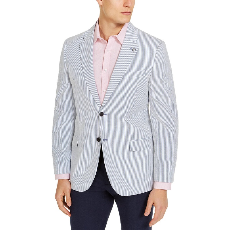 Nautica Men's Modern-Fit Stretch Stripe Seersucker Sport Coat 40L Blue White