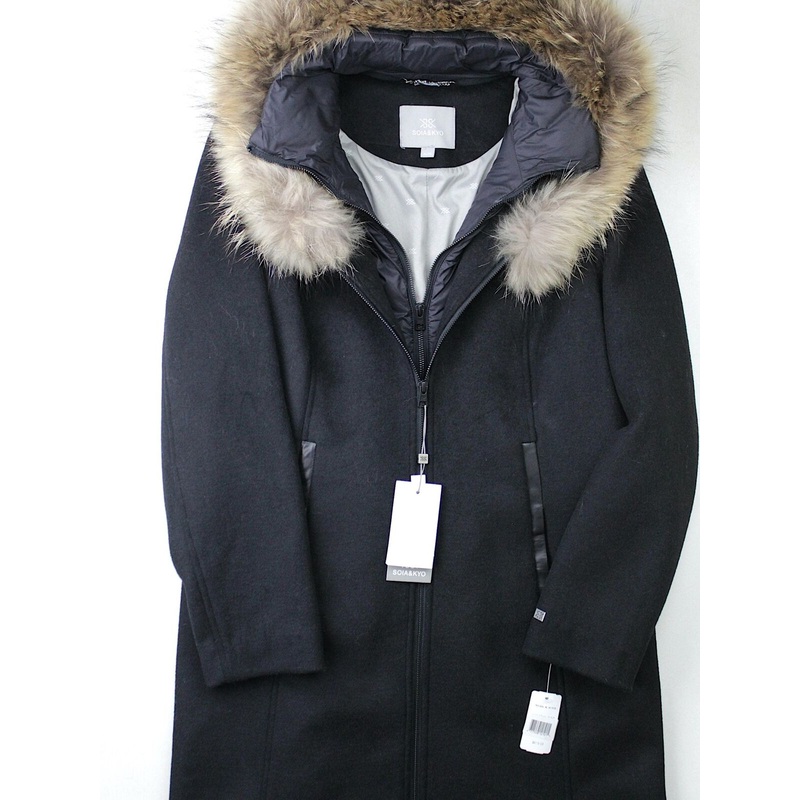 Soia & Kyo Womens Charlena Fur Trim Wool Coat XL Black