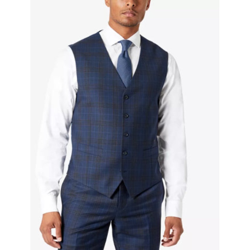 TALLIA Men's Slim-Fit Plaid Suit Vest Navy Brown XXL 2XL
