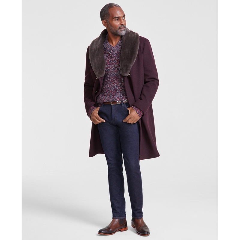 Tayion Collection Mens Regular fit Overcoat Coat 40 R Wine Red Fur Collar
