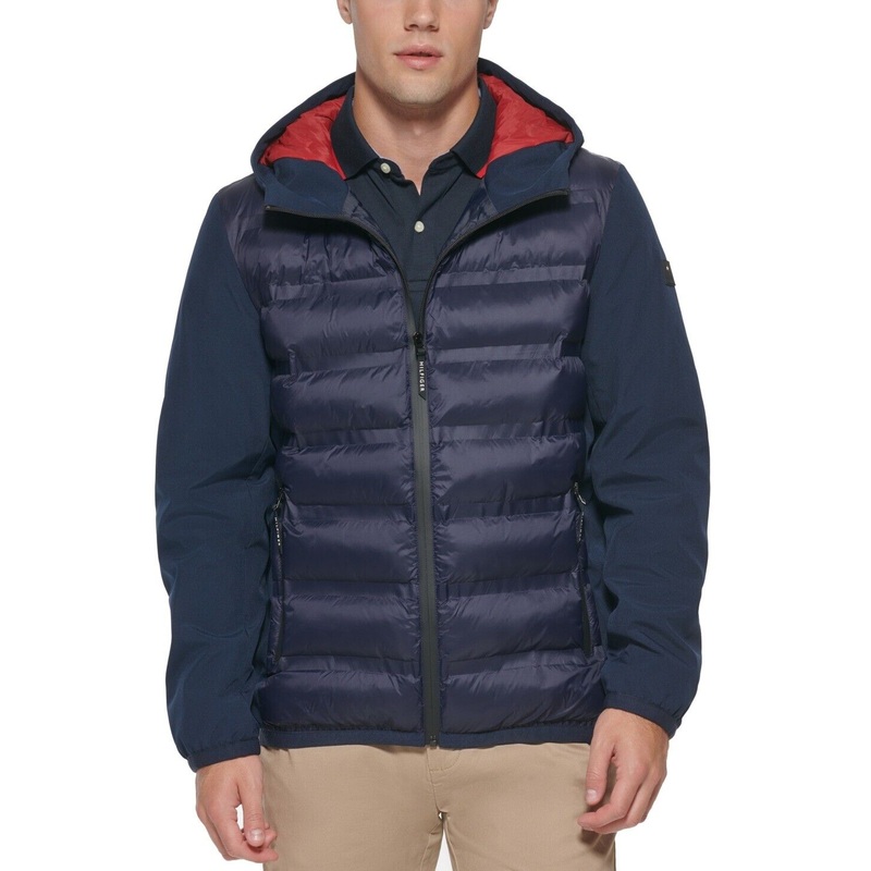 TOMMY HILFIGER Men's Men's Quilted Hooded Jacket 2XL XXL Navy Blue
