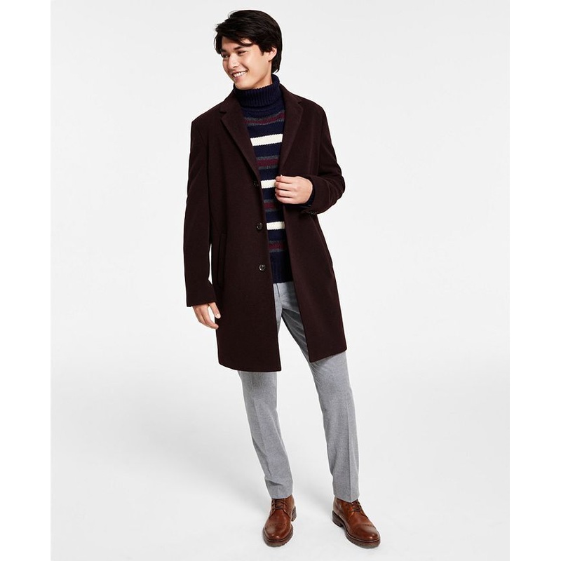 Tommy Hilfiger Mens Addison Wool-Blend Trim Fit Overcoat Coat 42L Black