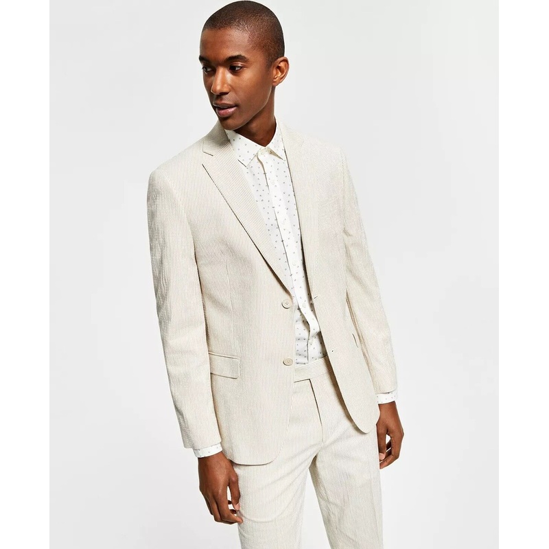 ALFANI Men's Slim-Fit Seersucker Stripe Suit Jacket Tan Cream 44R