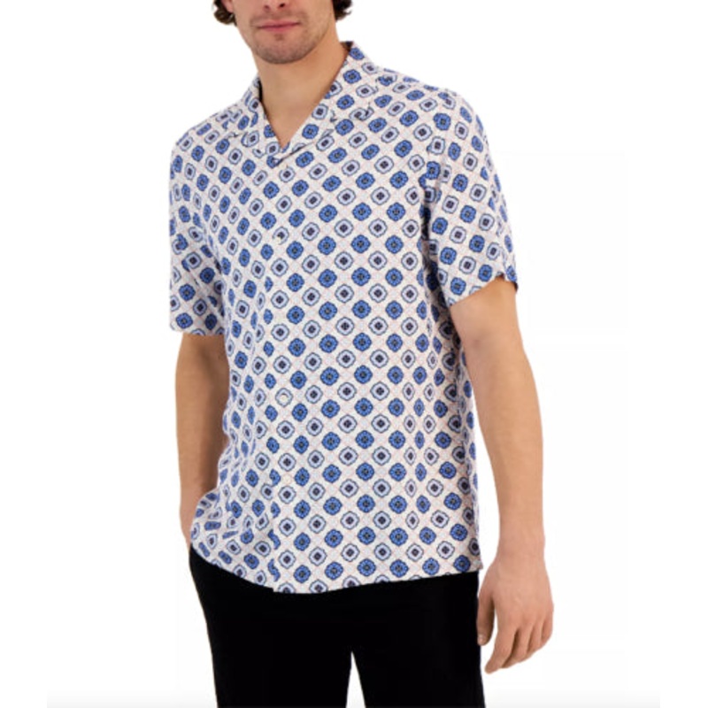CLUB ROOM Men's Silk Medallion Shirt Bright White Small
