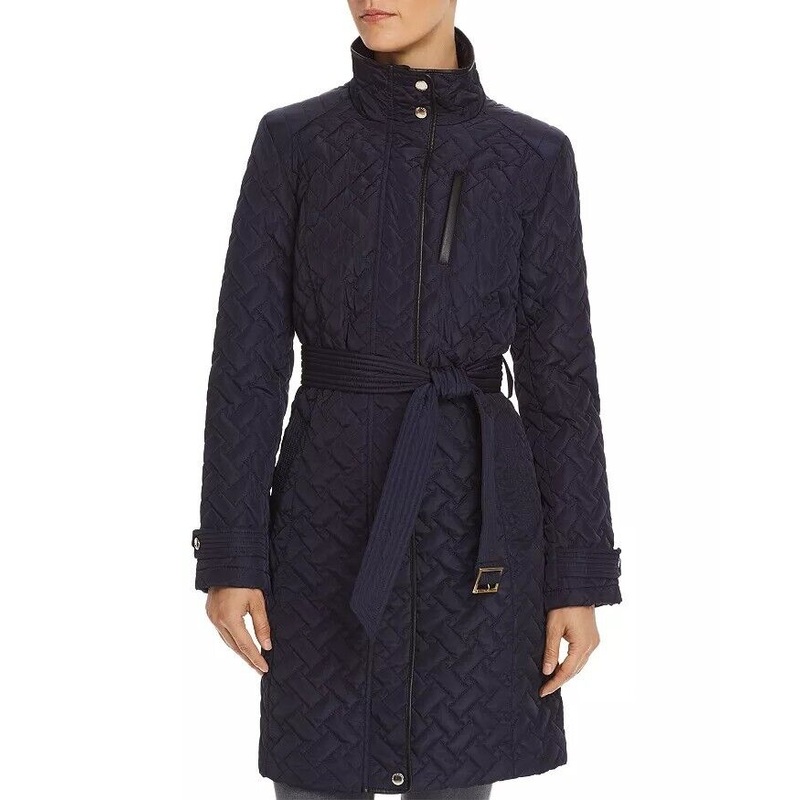 Cole Haan Signature Womens Quilt Belted Coat Large Navy Blue