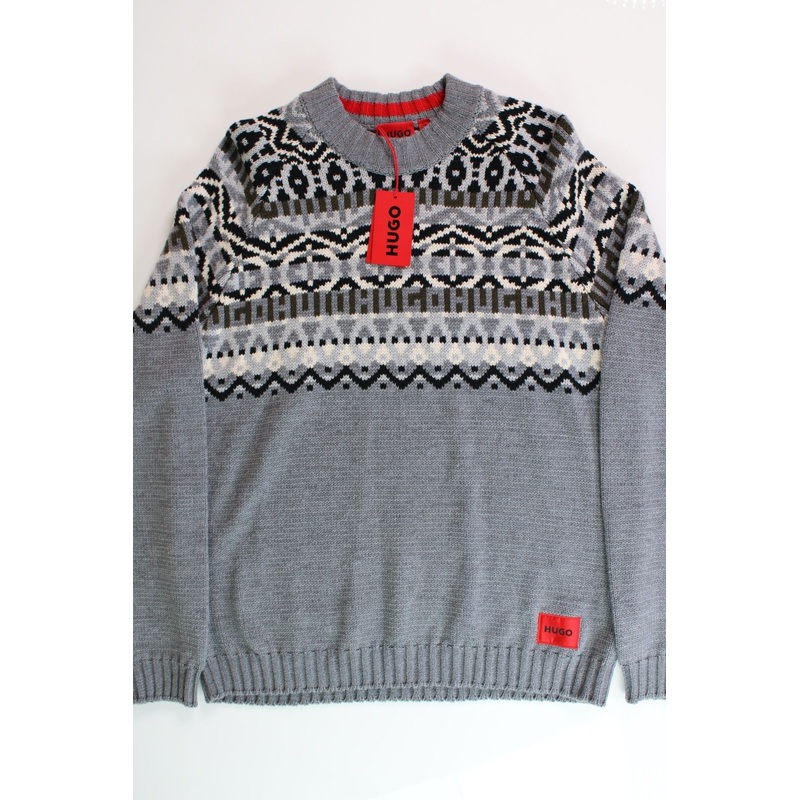 HUGO BOSS Mens Wool Steenor Crewneck Sweater XXL 2XL Grey White Thick!