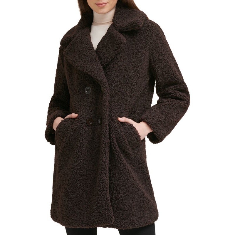 KENNETH COLE Double-Breasted Faux-Fur Teddy Coat Chocolate Brown Medium