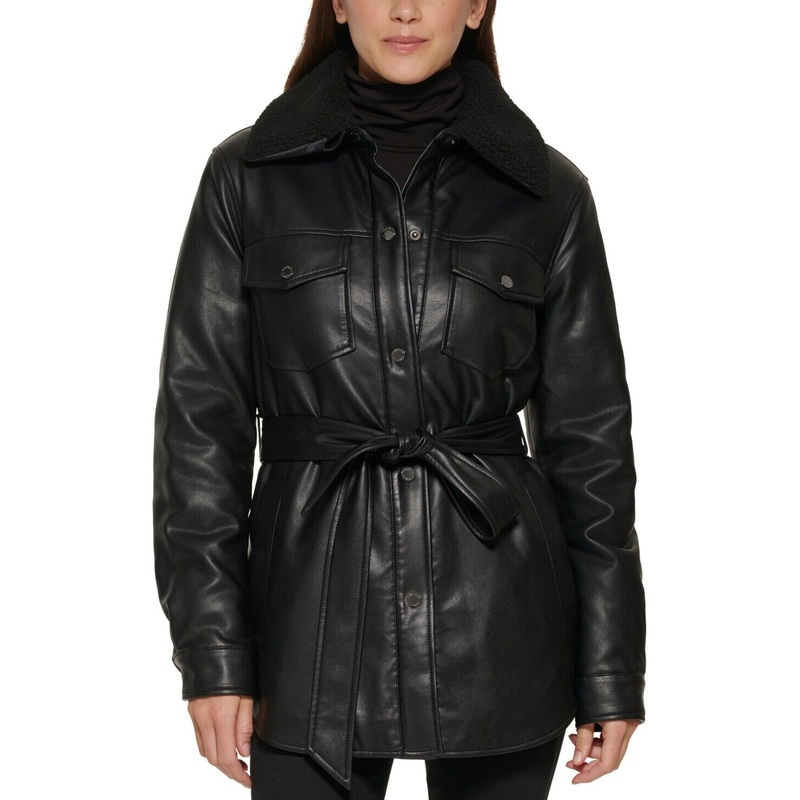 Kenneth Cole Women's Belted Faux-Leather Faux-Fur-Trim Shirt Jacket Black XL