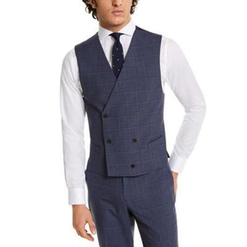 LAUREN RALPH LAUREN Mens Navy Blue Plaid Button Suit Vest Small