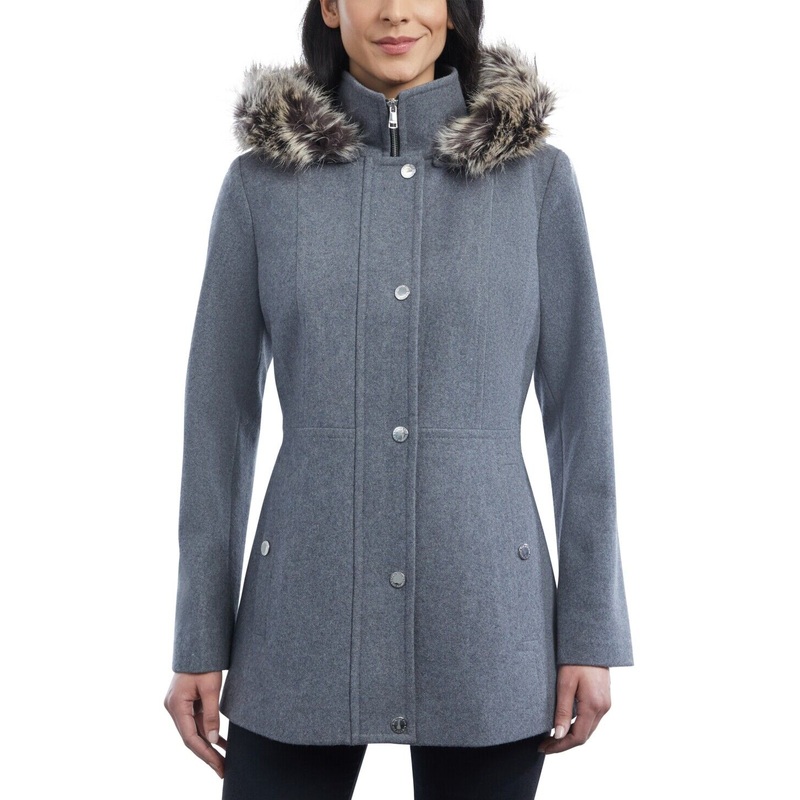 London Fog Women's Faux-Fur-Trim Hooded Walker Coat Medium Grey Wool Zip
