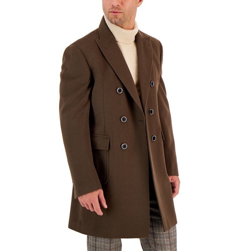 TALLIA Men's Wool Slim-Fit Double-Breasted Overcoat Small Taupe Brown Coat
