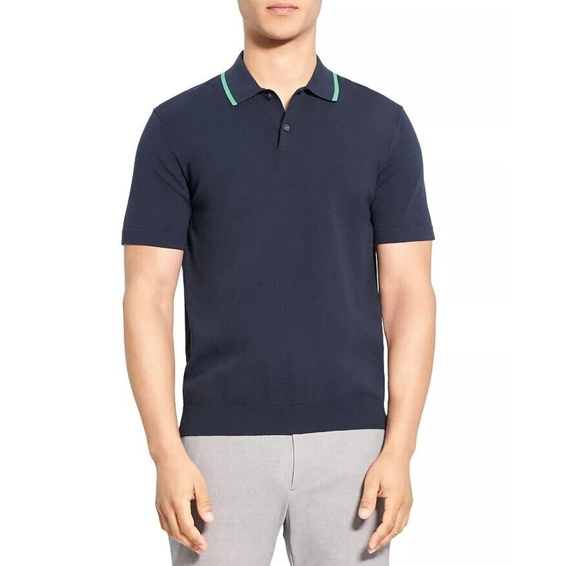 Theory Mens Goris Tipped Collar Polo Shirt XS Navy Blue / Green