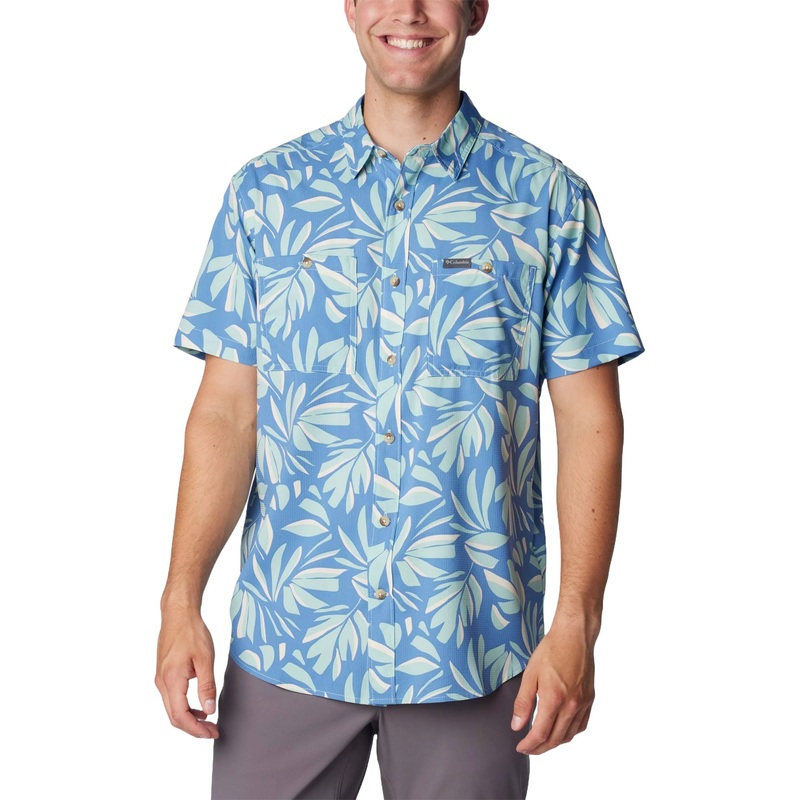 Columbia Men Athletic fit Short Sleeve Button-Up Shirt Small Green