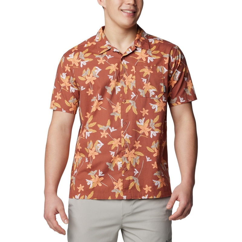 Columbia Men Regular fit Short Sleeve Button-Up Shirt Medium Orange Floral
