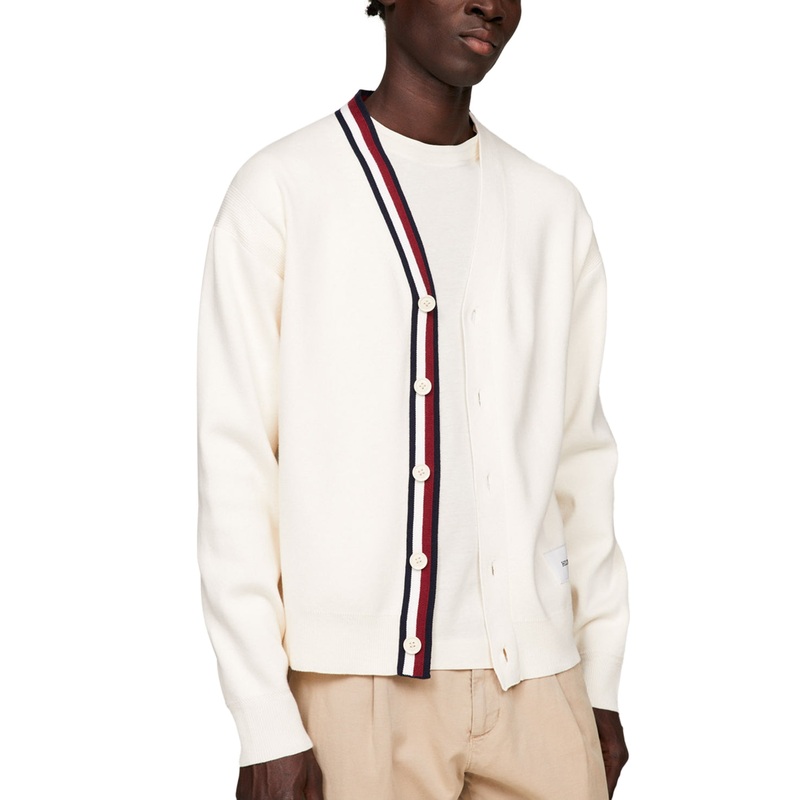 Tommy Hilfiger Mens Regular fit Cardigan Sweater Medium V-Neck White Striped