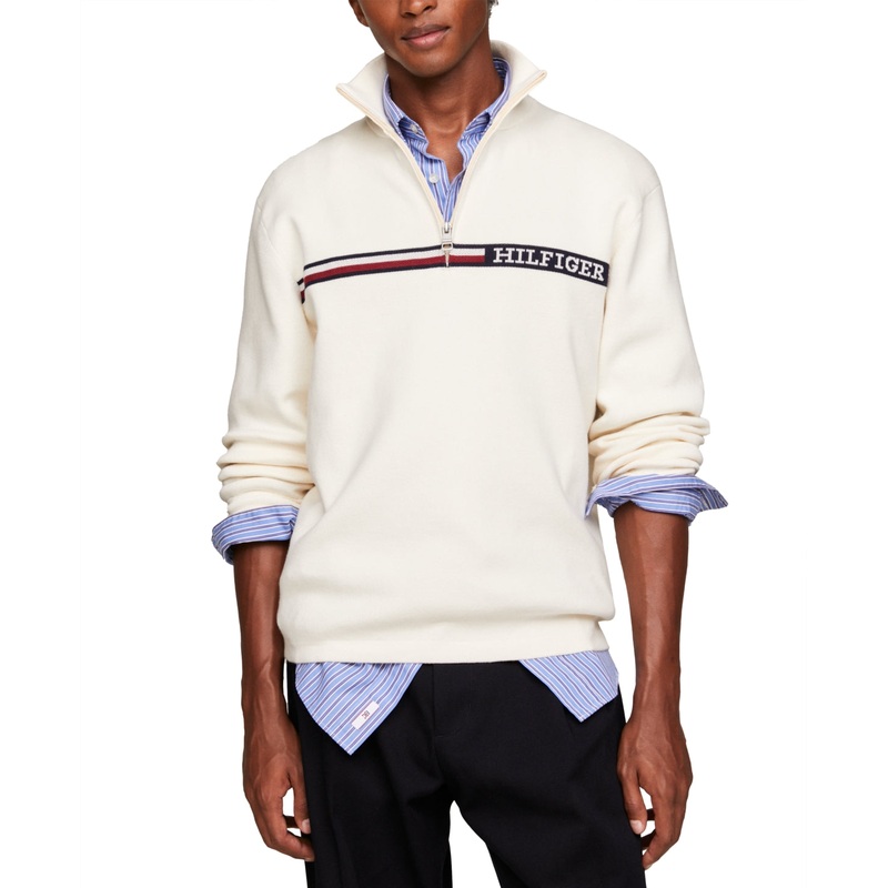 Tommy Hilfiger Mens Regular fit Quarter zip Sweater Medium Mock Neck Beige