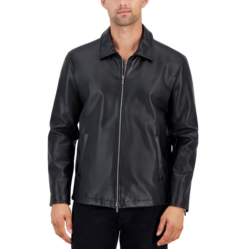 Alfani Mens Casual Coat Faux Leather Jacket Large Black Solid