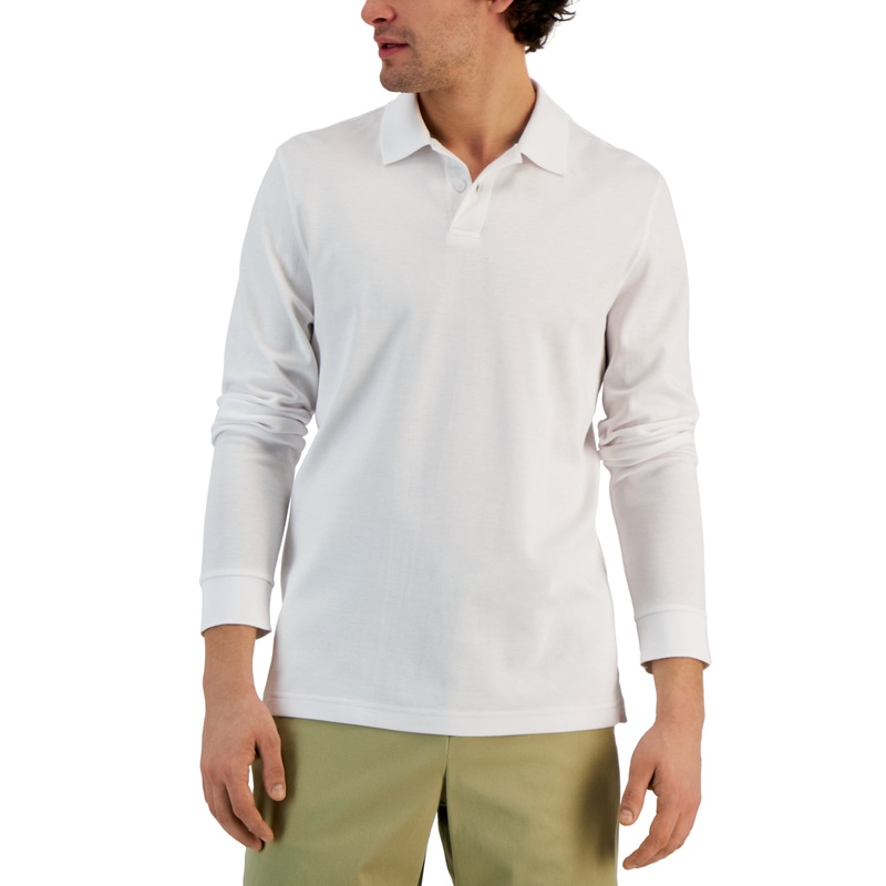 Alfani Mens Classic fit Long Sleeve Polo Shirt Medium White Solid