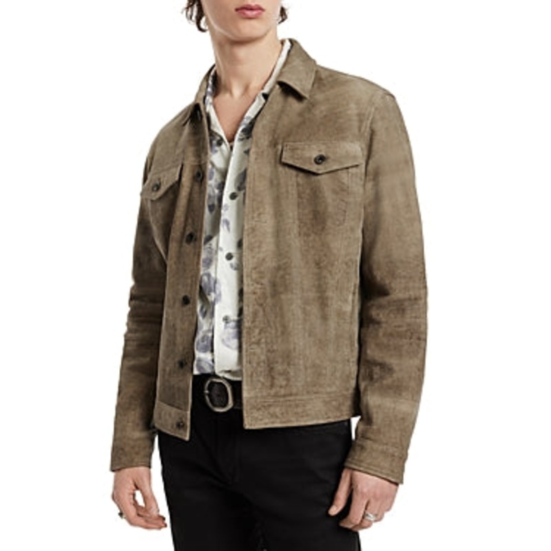 John Varvatos Mens Classic fit Casual Coat Suede Leather Trucker Jacket 48 Brown
