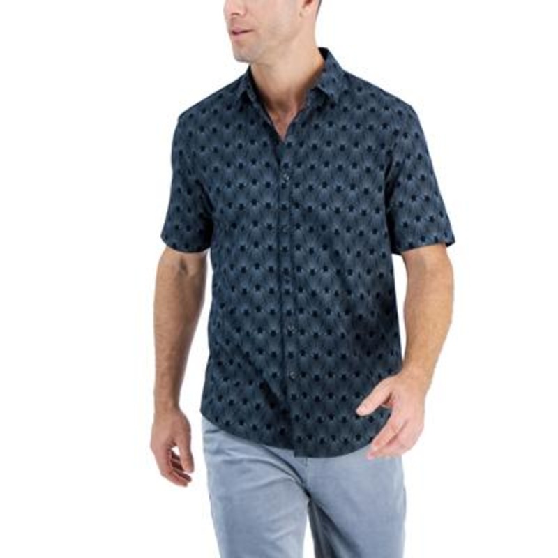 Alfani Mens Slim fit Short Sleeve Button-Up Shirt Large Black Geometric