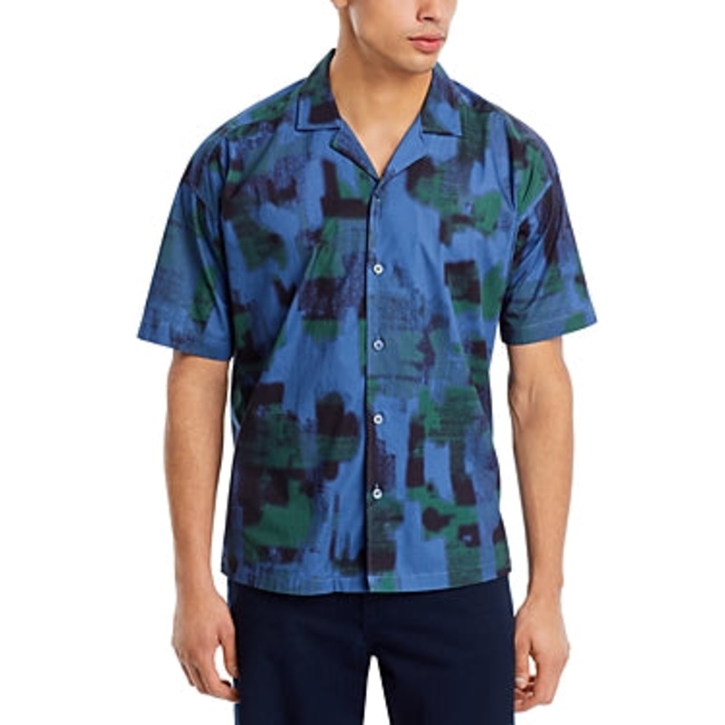 Boss Mens Relaxed fit Short Sleeve Button-Up Shirt Small Blue Geometric