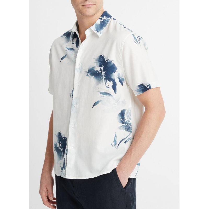 Vince Mens Classic fit Short Sleeve Button-Up Shirt Small White Blue Floral