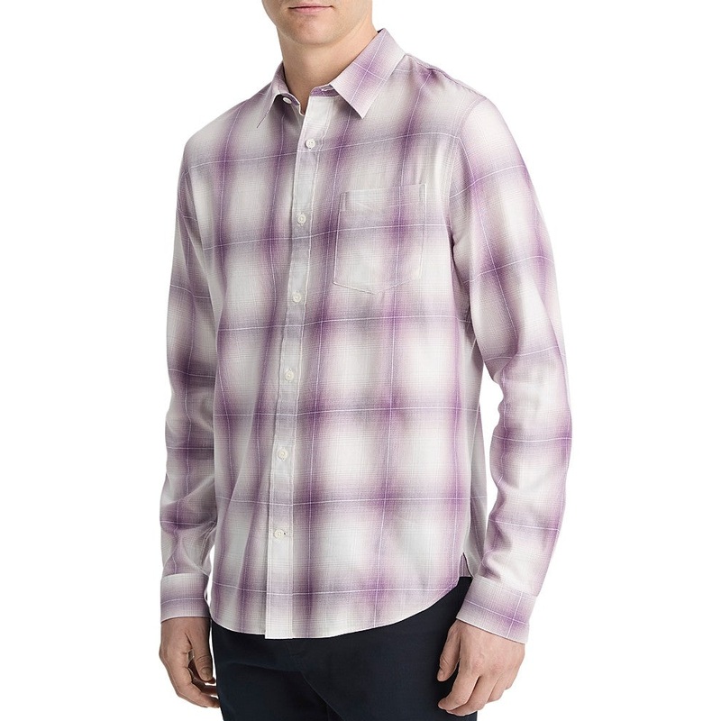 Vince Mens Regular fit Long Sleeve Button-Up Shirt Small Purple Plaid