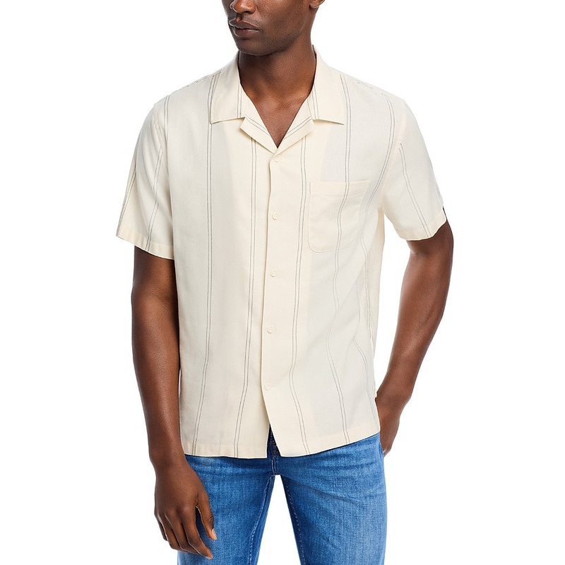 Vince Mens Regular fit Short Sleeve Button-Up Shirt Small Beige Striped