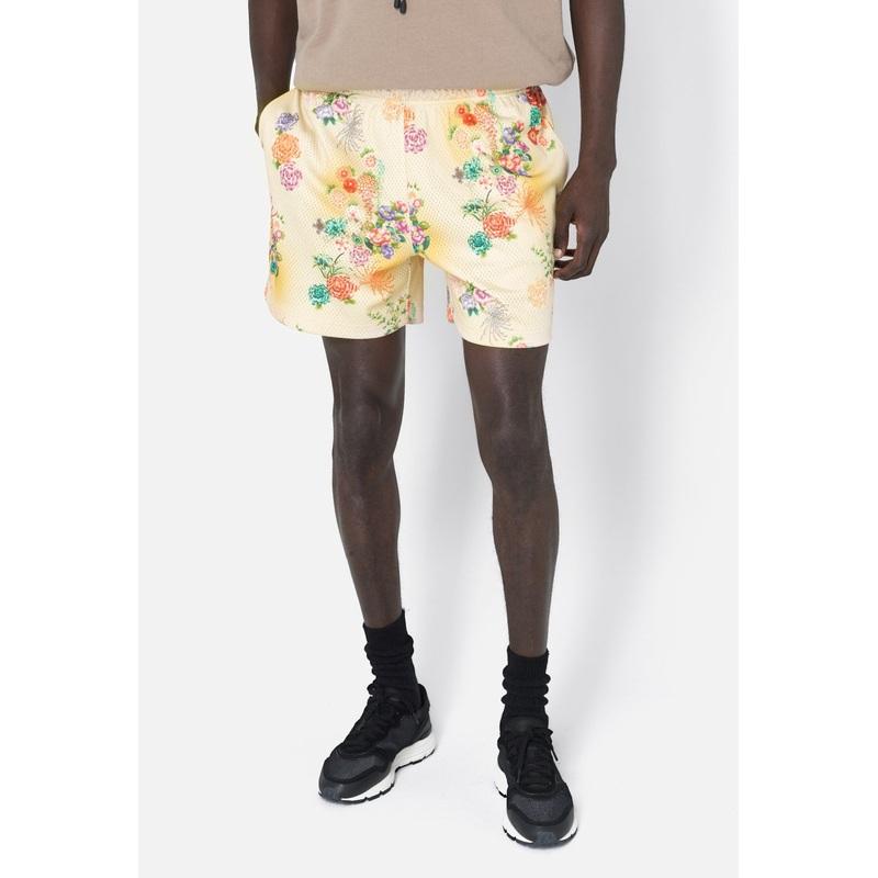 John Elliot Mens Cropped Fit Mesh Practice Shorts Floral Print Yellow Large