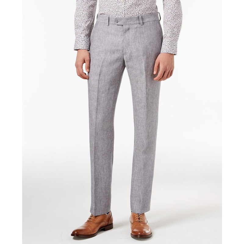 Bar III Light Gray Chambray Slim-Fit Pants 32 x 32 Grey LINEN Flat Pant