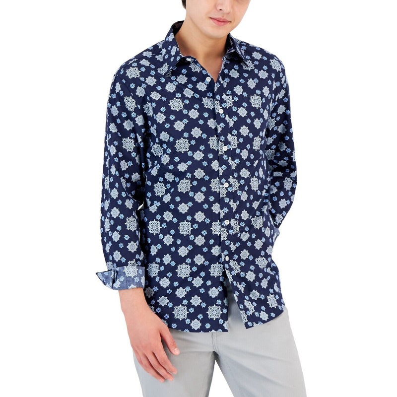 Club Room Men's Geometric Medallion Button Down Shirt Blue Small